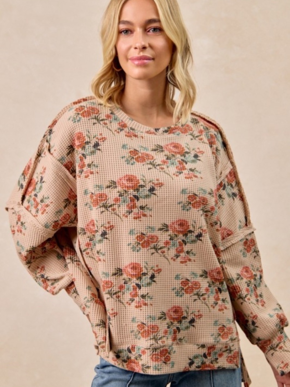 BIBI NWT Floral Waffle Knit Pullover Top Boho Cottagecore IT3426G - Picture 8 of 8